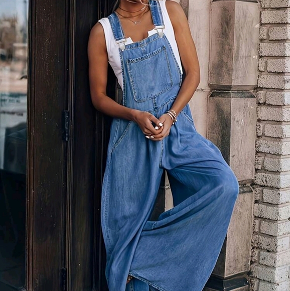 NEW WOMENS LOOSE FIT WIDE LEG OVERALLS - Picture 9 of 10